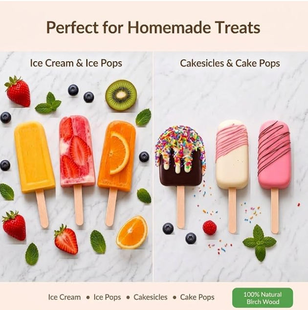 ADVONCE food-grade birch popsicle sticks — 4.5 inch wooden sticks, 200 count, for ice pops, cakesicles and crafts