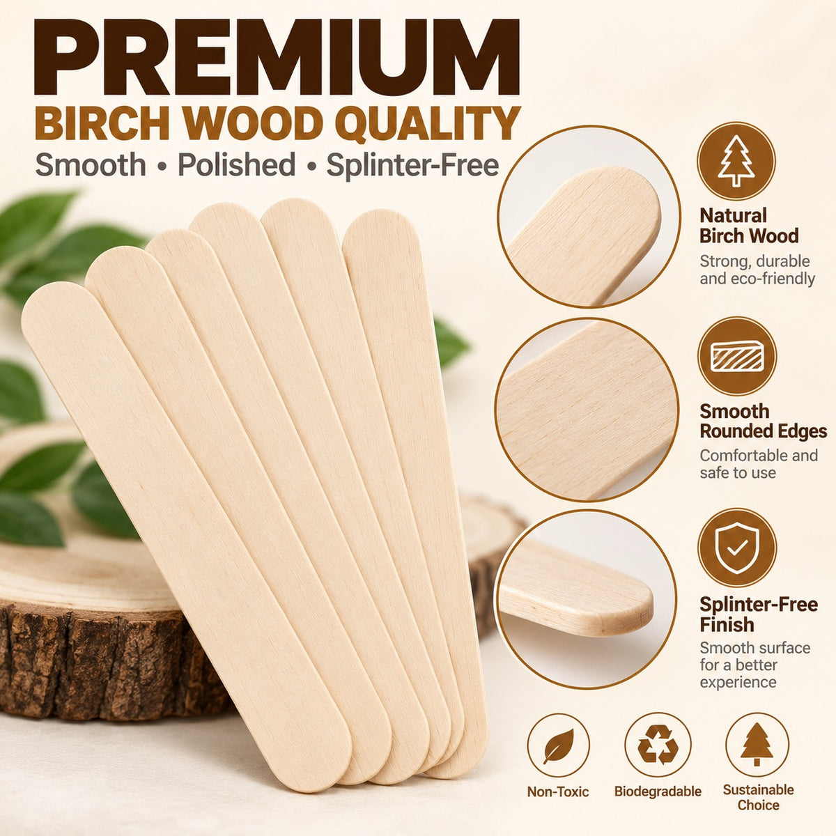 ADVONCE 6 inch wooden waxing sticks — birch wax applicator sticks, 150 count, for hard and soft wax