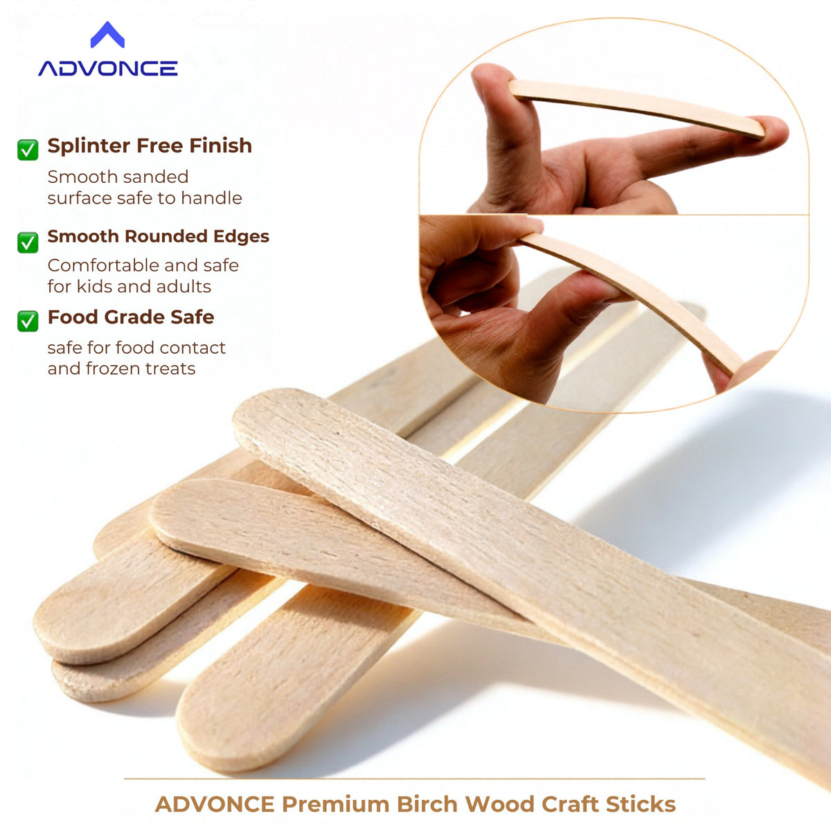 ADVONCE food-grade birch popsicle sticks — 4.5 inch wooden sticks, 200 count, for ice pops, cakesicles and crafts